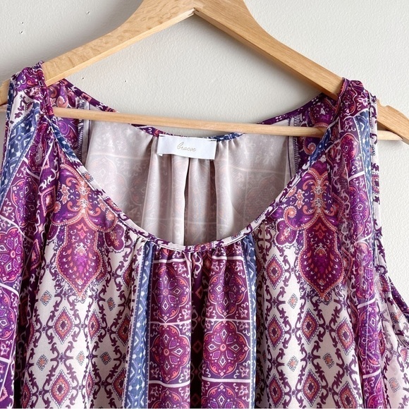Anthropologie Braeve Boho Print Cold Shoulder Blouse in Purple/Pink/Cream, XS - Picture 2 of 9